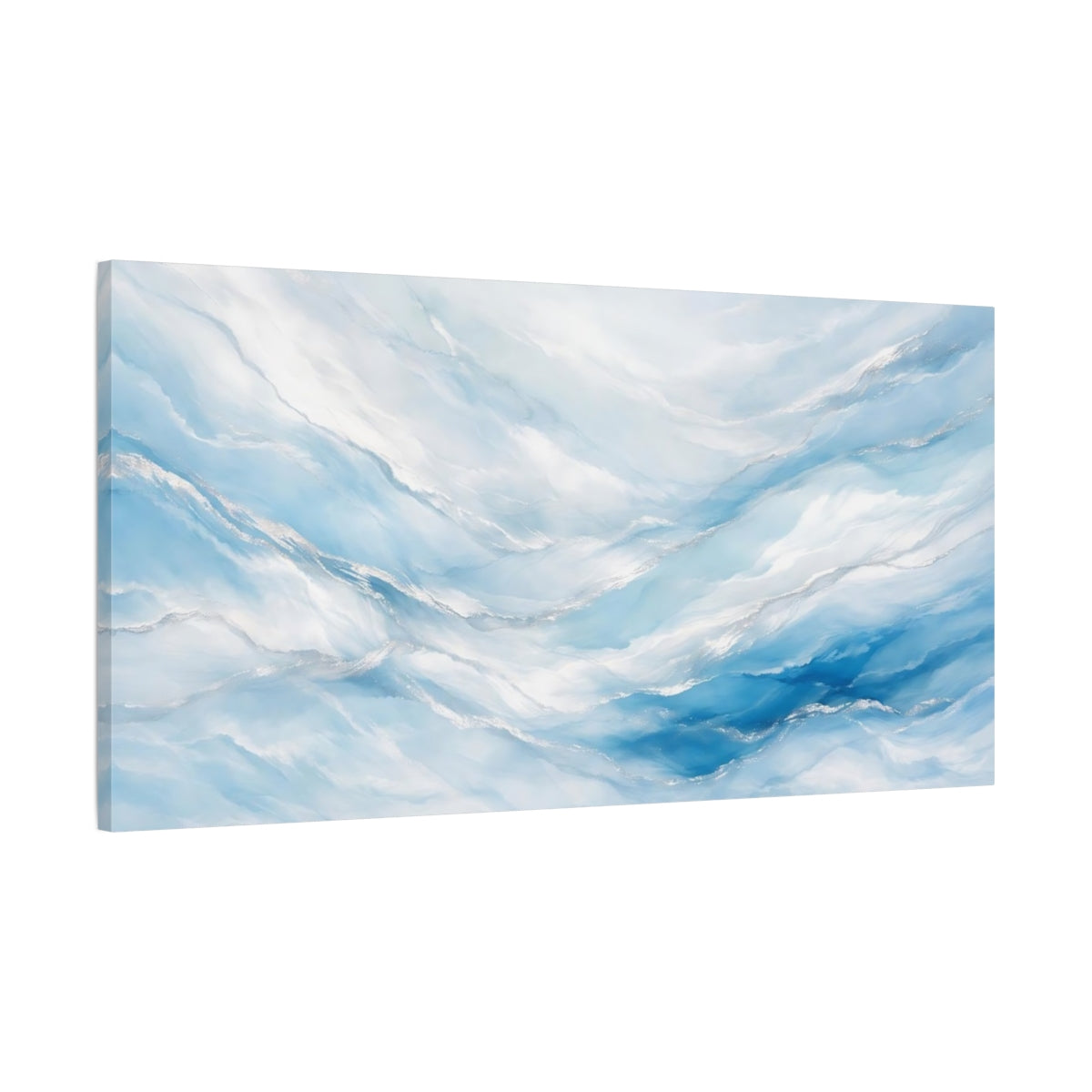 Side Mockup 1. Abstract Abstract Flow Abstract Blue Silver shown as stretched canvas wall art