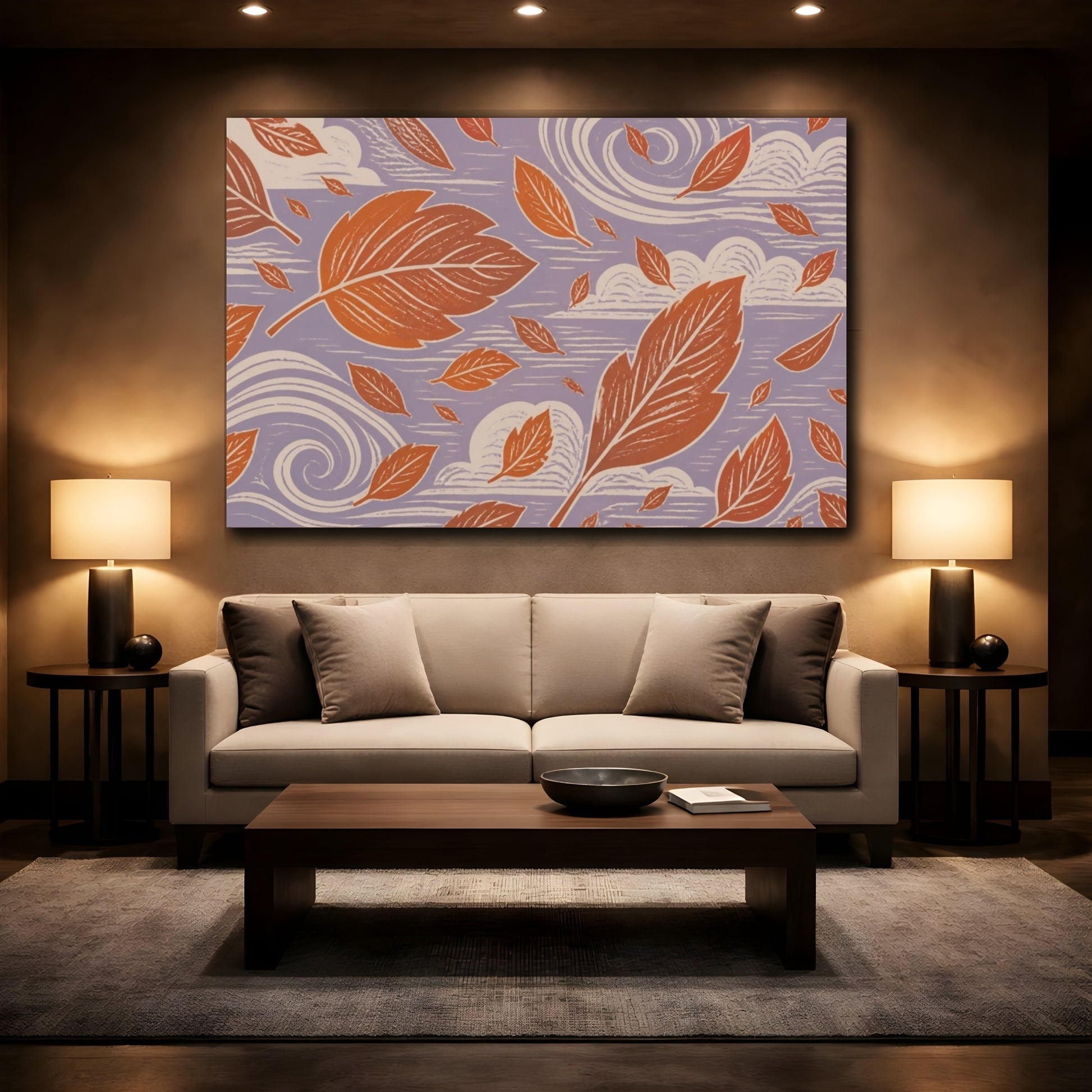 Mockup 2. Modern Falling Leaves shown as canvas print