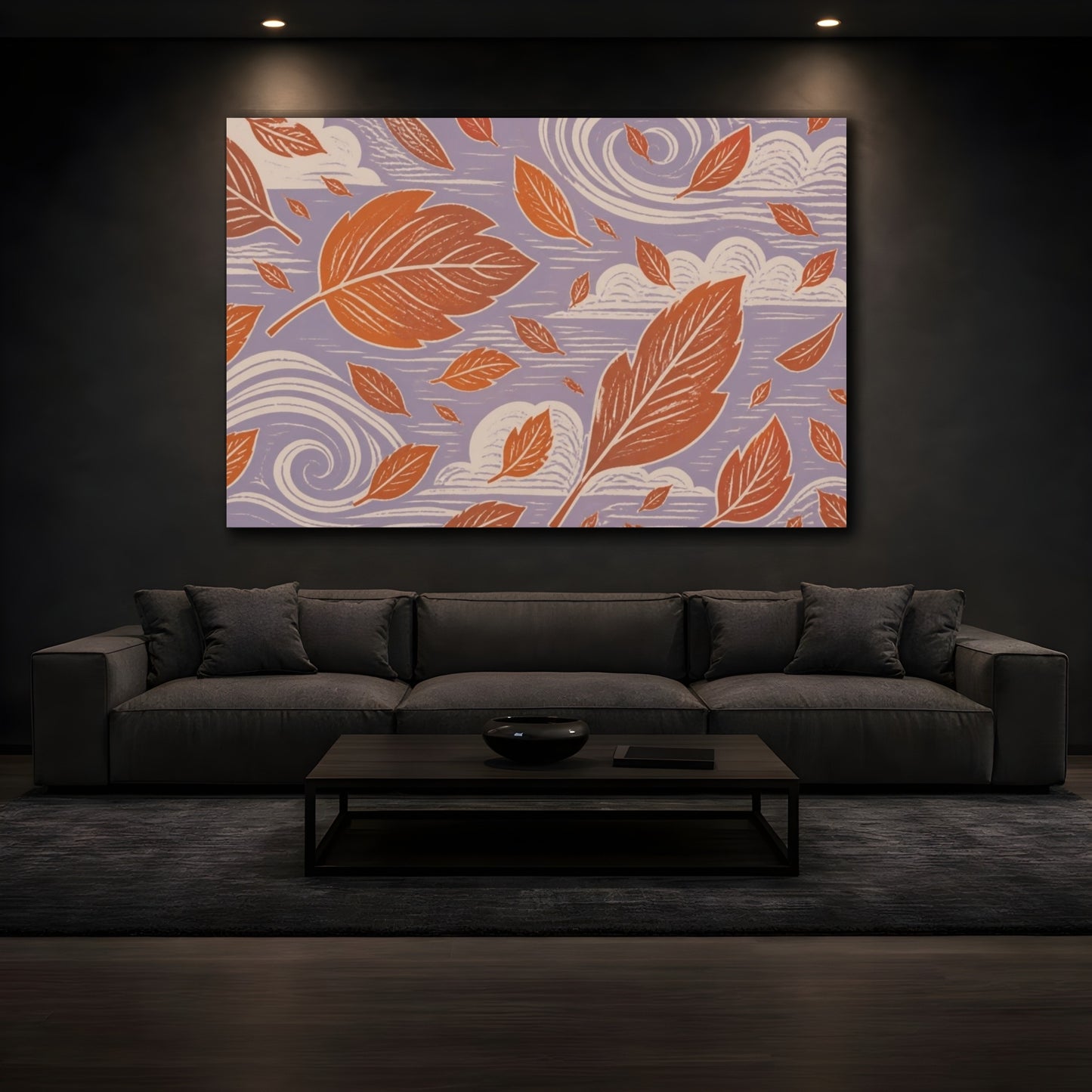 Mockup 3. Modern Falling Leaves shown as canvas print
