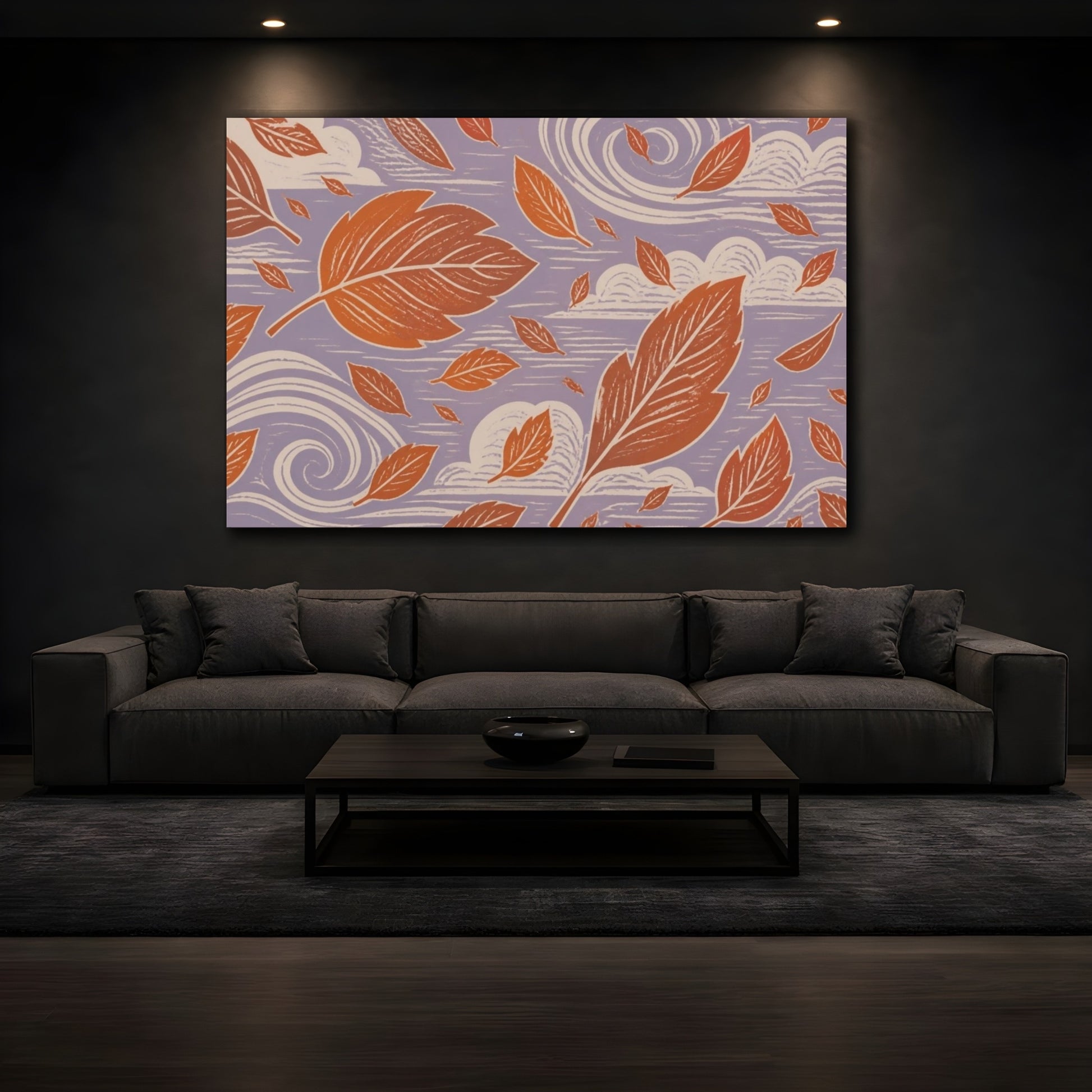 Mockup 3. Modern Falling Leaves shown as canvas print