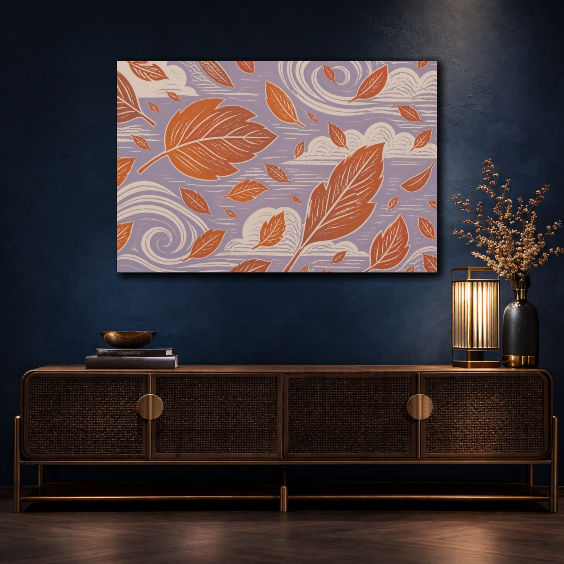 Mockup 4. Modern Falling Leaves shown as canvas print