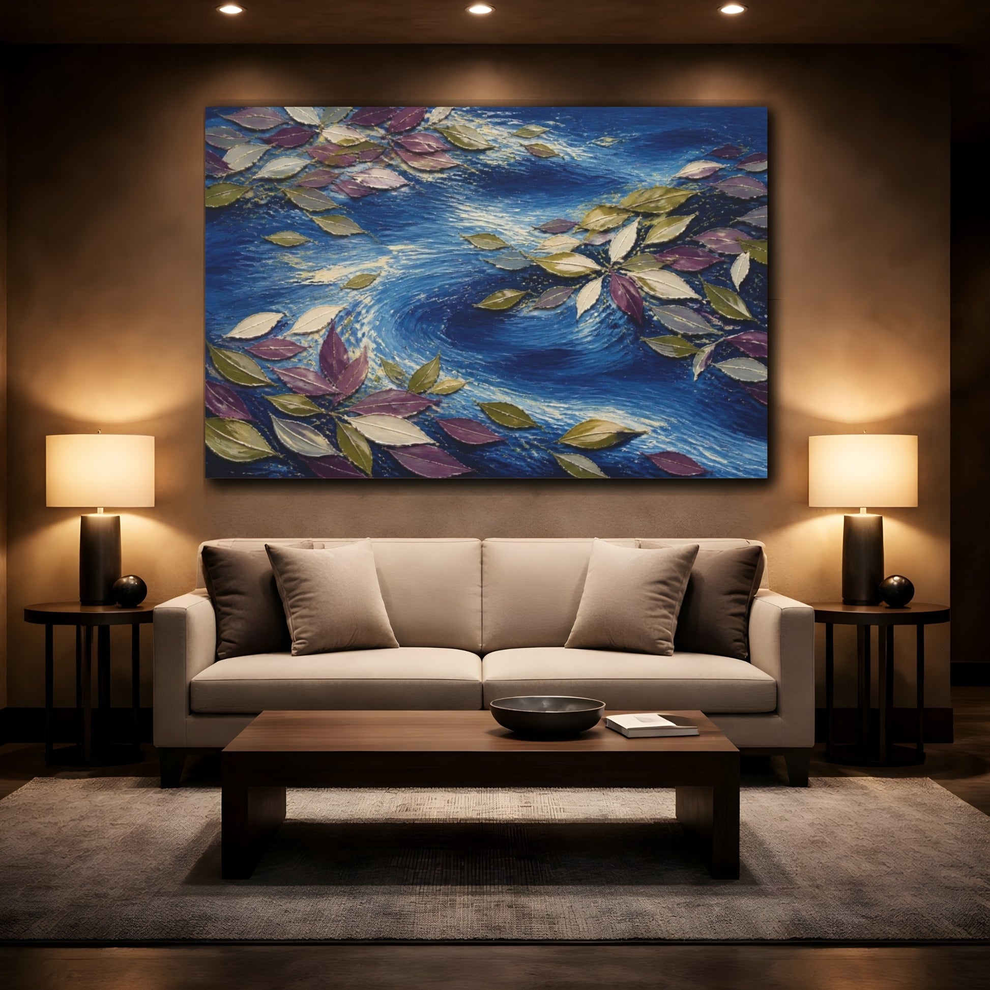 Mockup 2. Modern Floating Leaves shown as canvas print