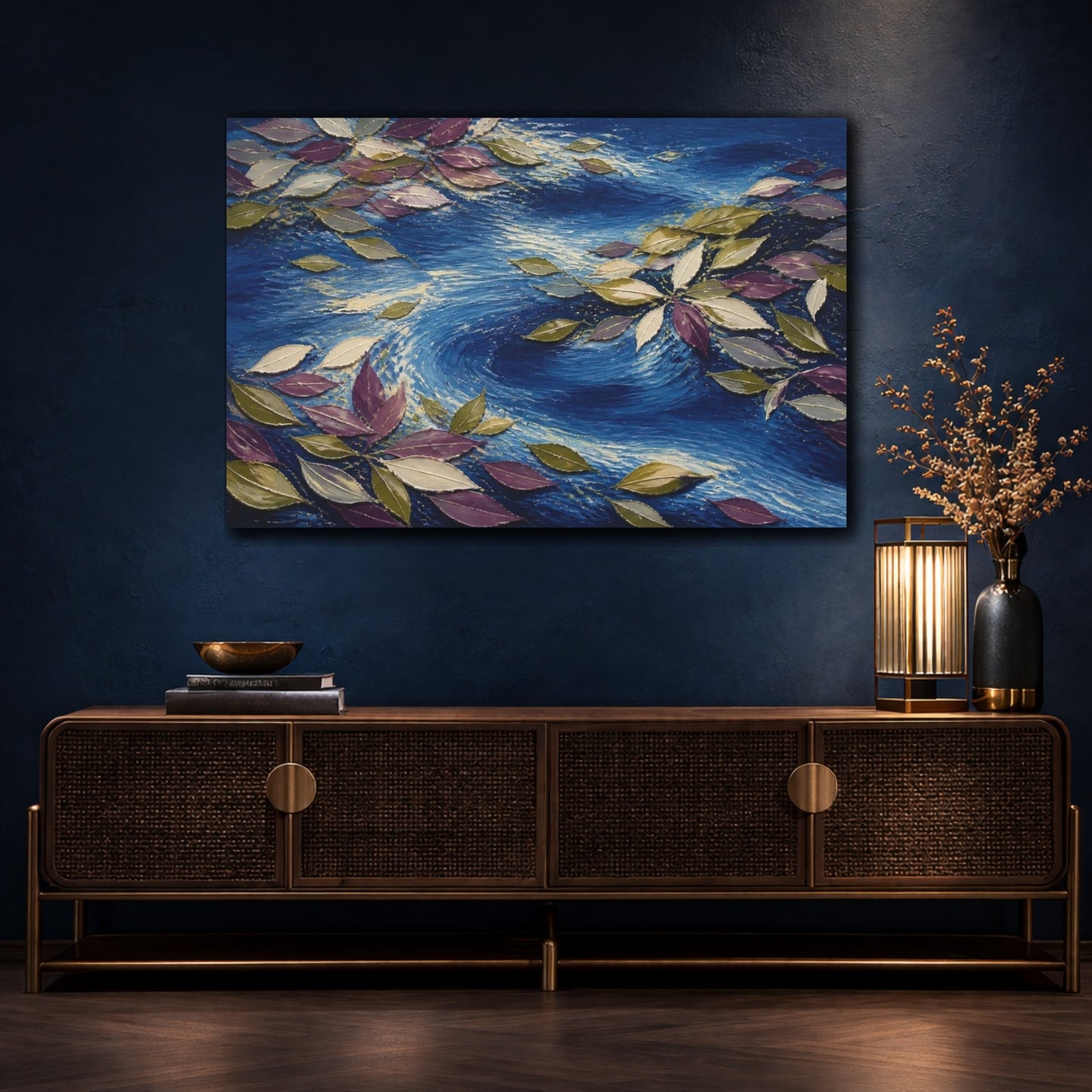Mockup 4. Modern Floating Leaves shown as canvas print