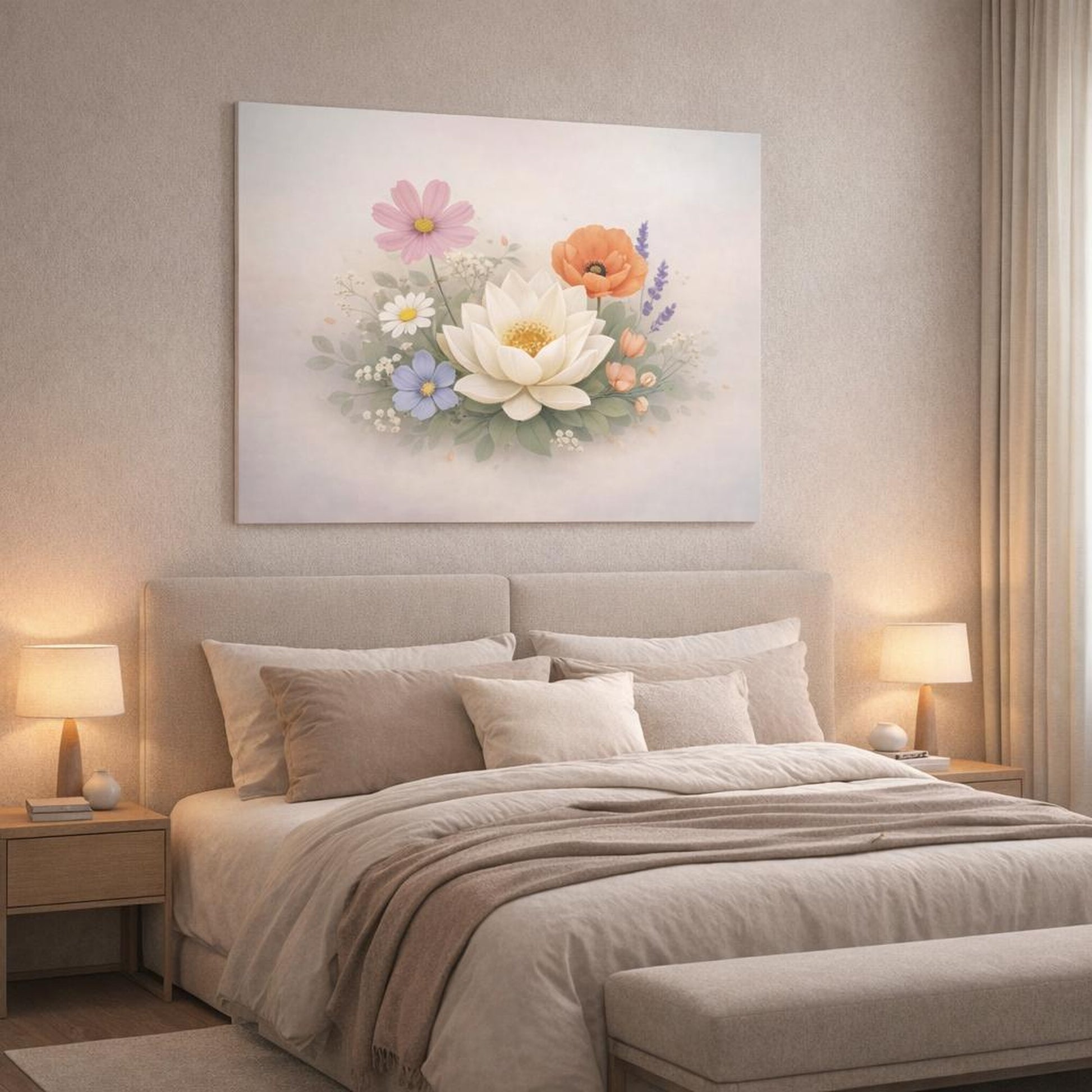 Modern Flower Botanical shown as canvas wall art in a luxury bedroom