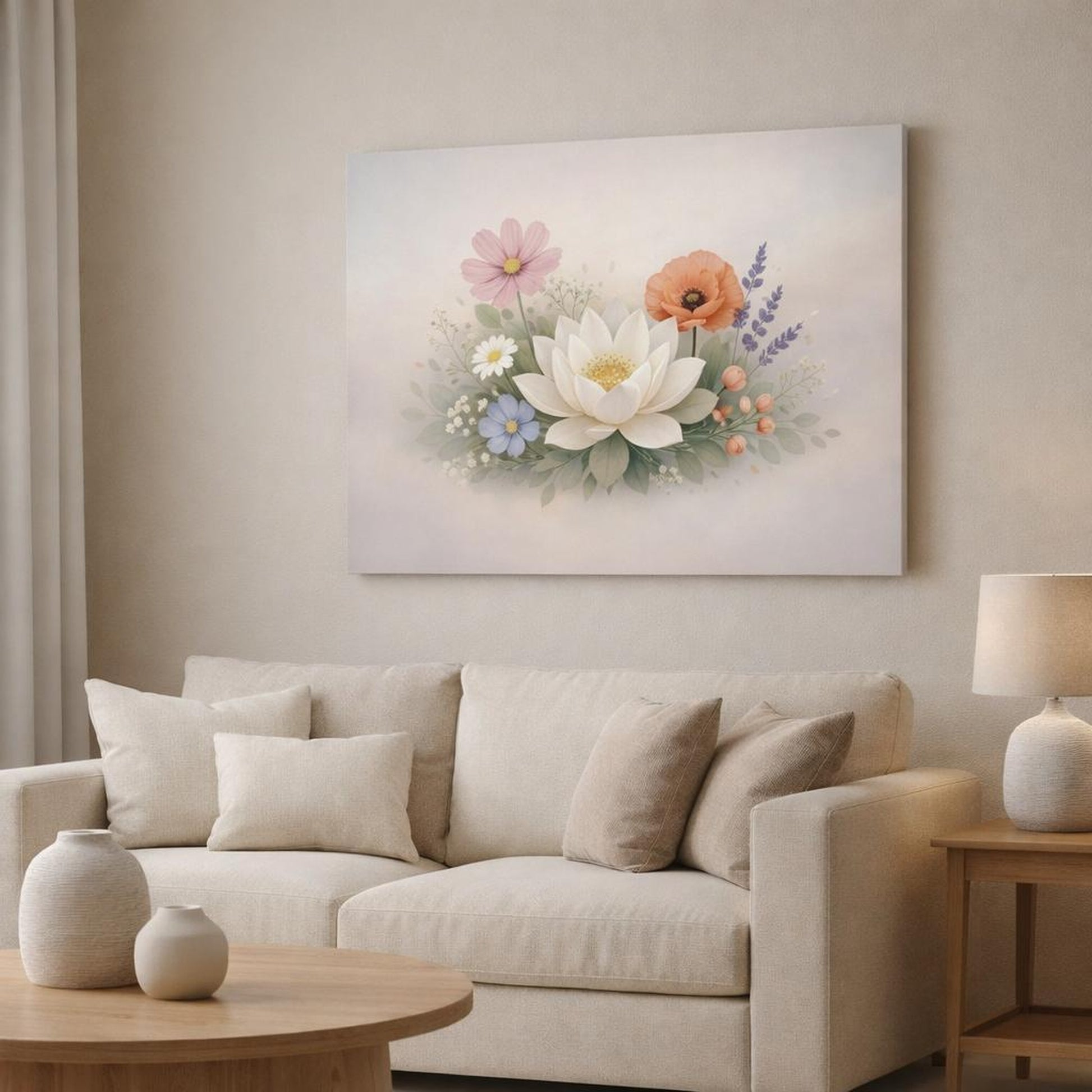 Modern Flower Botanical shown as canvas wall art in a modern living room