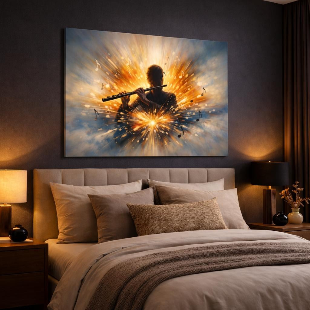 Modern Flute shown as canvas wall art in a luxury bedroom