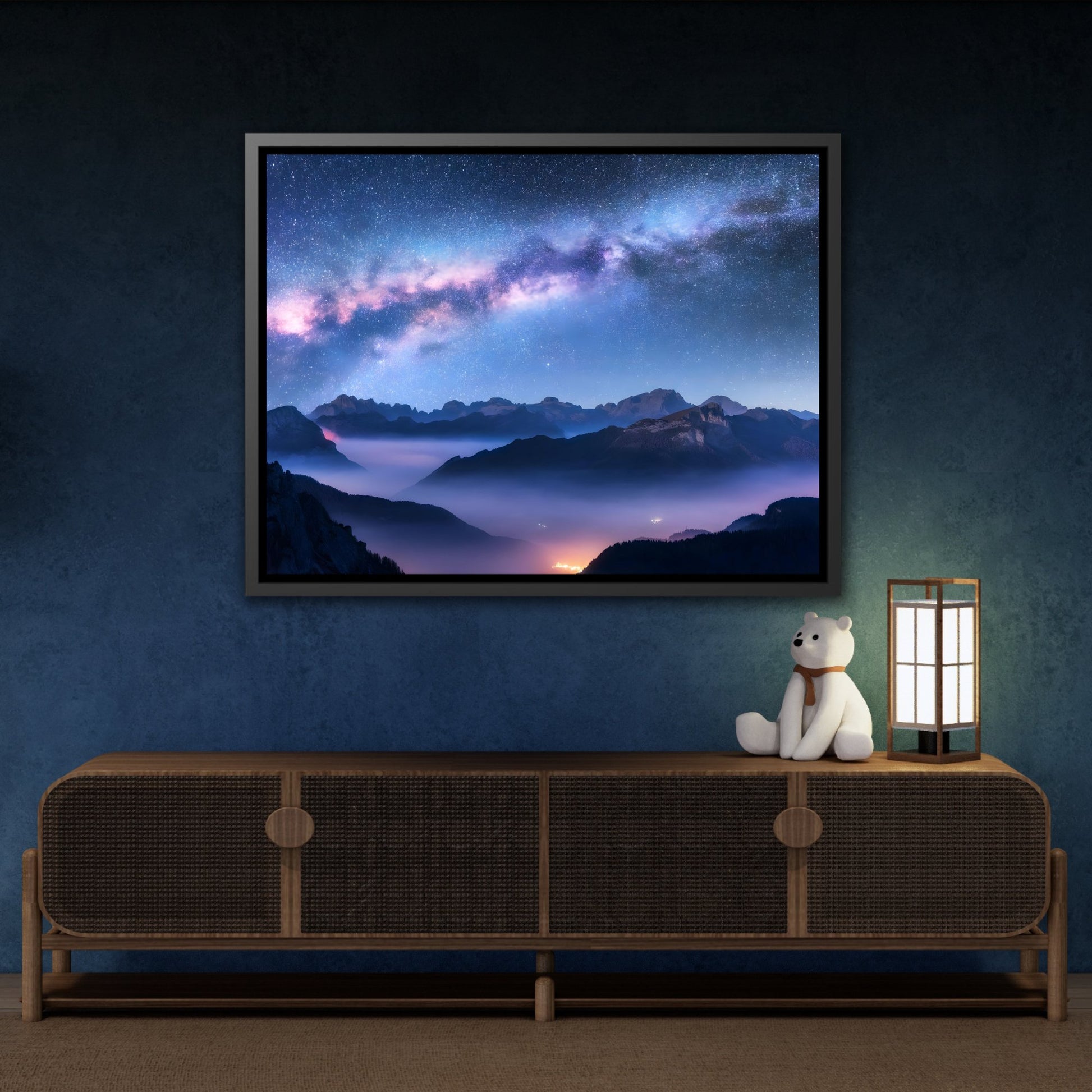 Modern Galaxy Nature Landscape in Framed Canvas Print - Starry Night Sky with Mountains Wall Art for Living Room