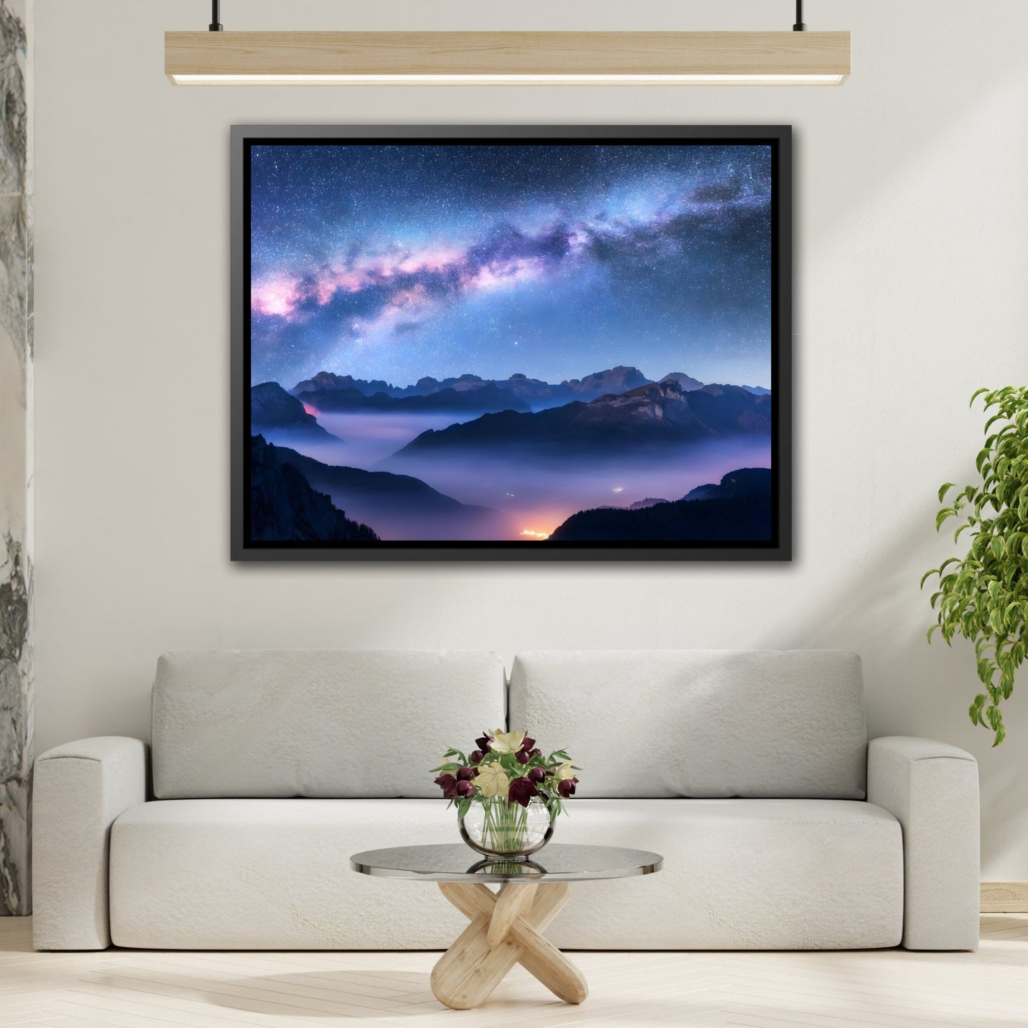 Modern Galaxy Nature Landscape in Framed Canvas Print - Starry Night Sky with Mountains Wall Art for Living Room