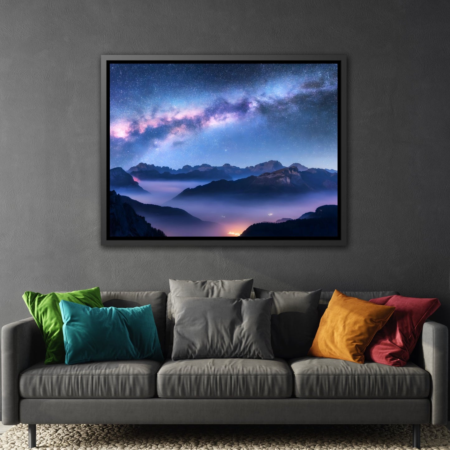 Modern Galaxy Nature Landscape in Framed Canvas Print - Starry Night Sky with Mountains Wall Art for Living Room