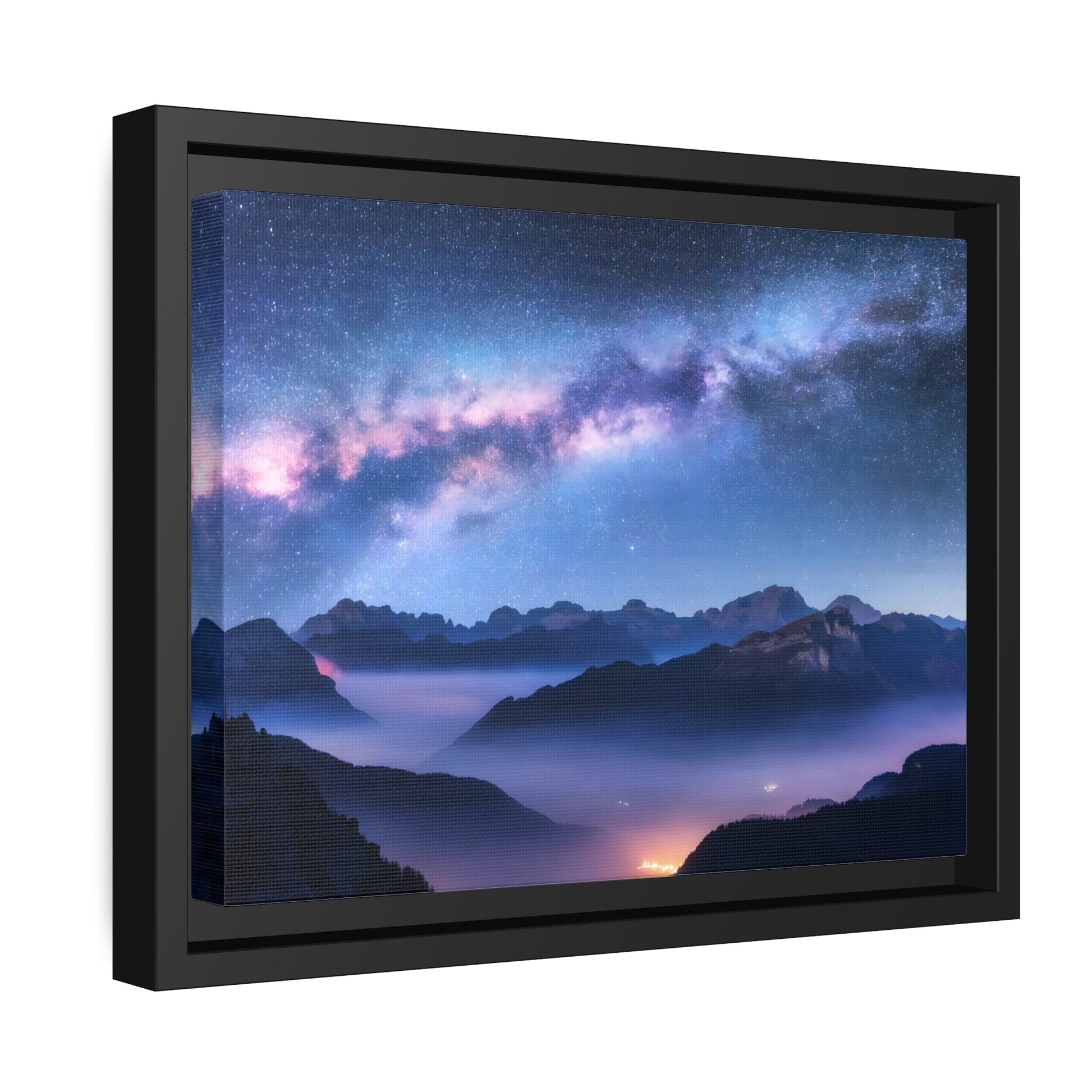 Modern Galaxy Nature Landscape in Framed Canvas Print - Starry Night Sky with Mountains Wall Art for Living Room