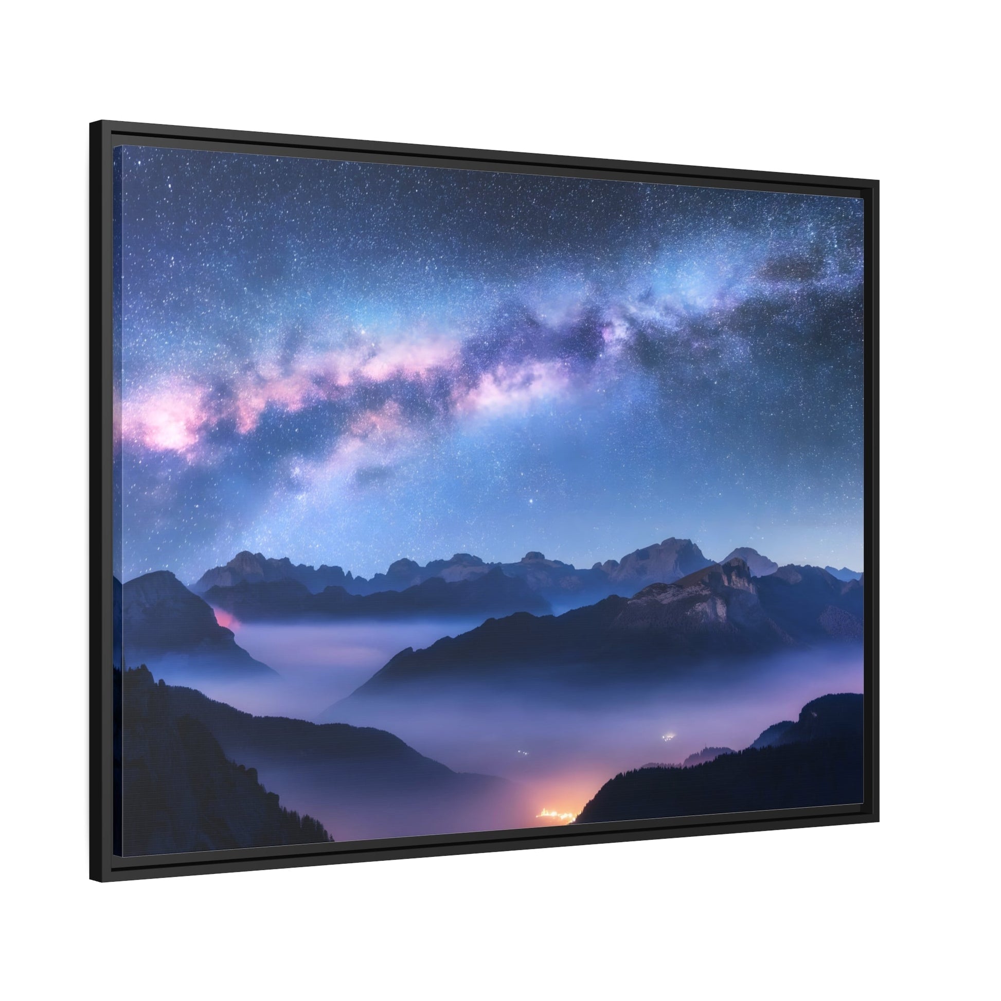 Modern Galaxy Nature Landscape in Framed Canvas Print - Starry Night Sky with Mountains Wall Art for Living Room