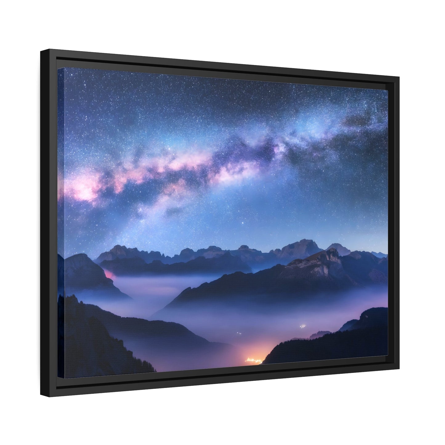 Modern Galaxy Nature Landscape in Framed Canvas Print - Starry Night Sky with Mountains Wall Art for Living Room