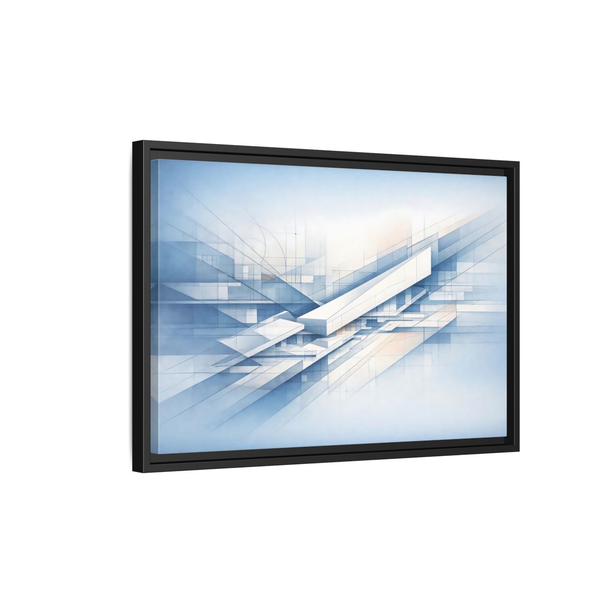 Side Mockup 3. Abstract Geometric Forms Blue Abstract Geometric shown as stretched canvas wall art