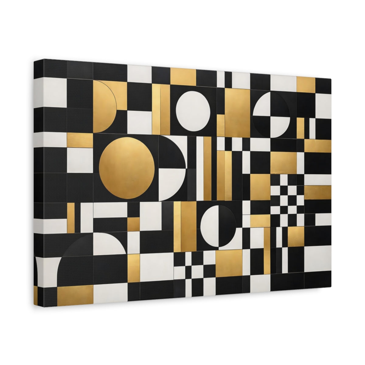 Side Mockup 4. Abstract Geometric Pattern Black Gold White shown as stretched canvas wall art
