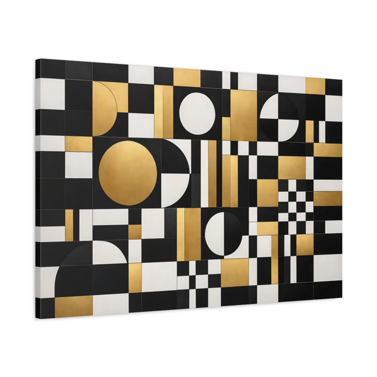Side Mockup 1. Abstract Geometric Pattern Black Gold White shown as stretched canvas wall art