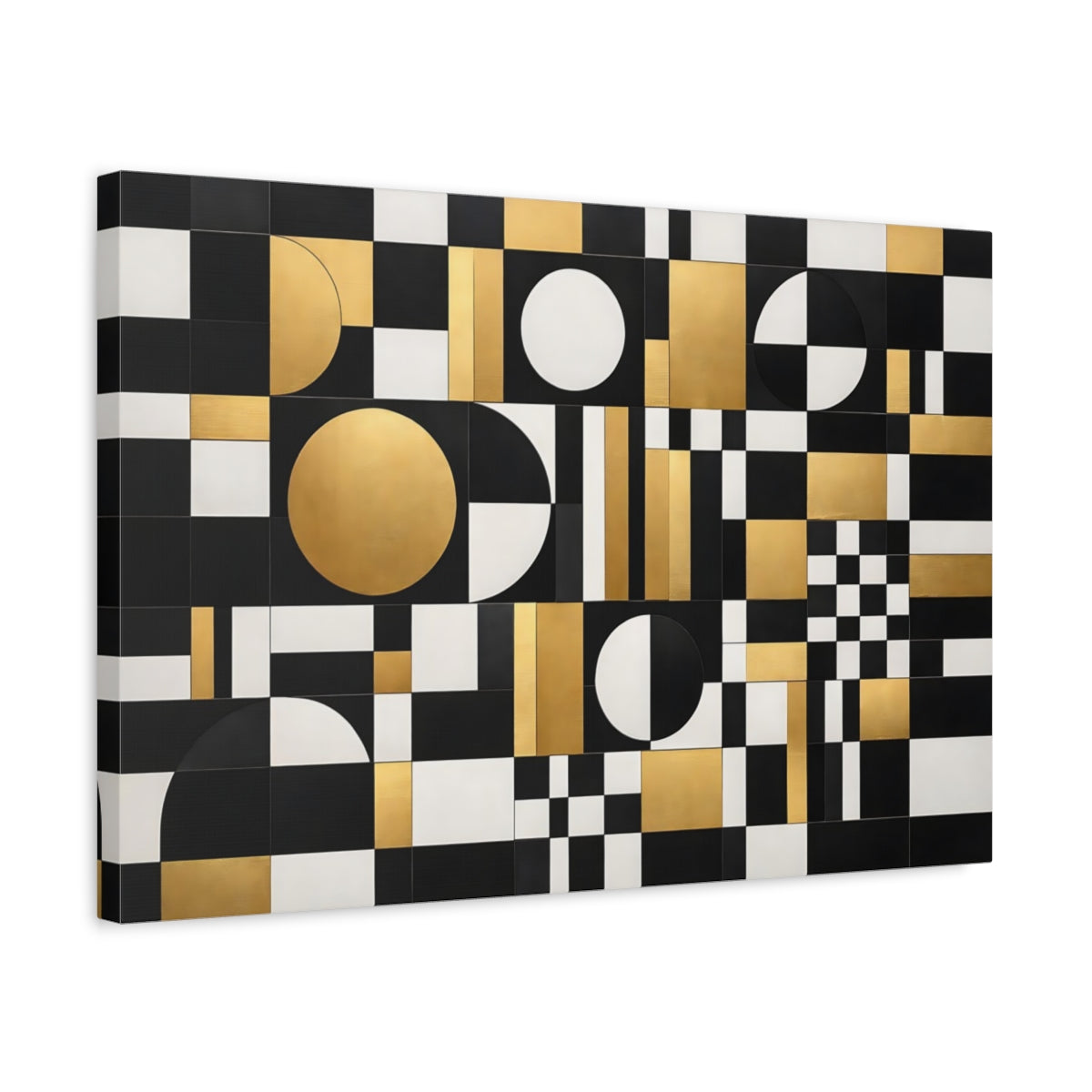 Side Mockup 3. Abstract Geometric Pattern Black Gold White shown as stretched canvas wall art