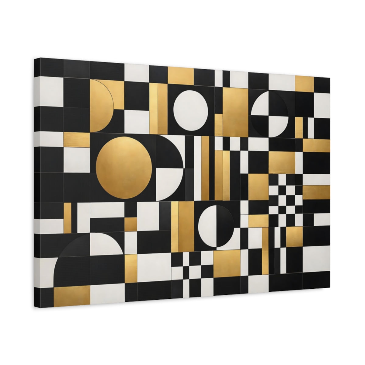 Side Mockup 2. Abstract Geometric Pattern Black Gold White shown as stretched canvas wall art