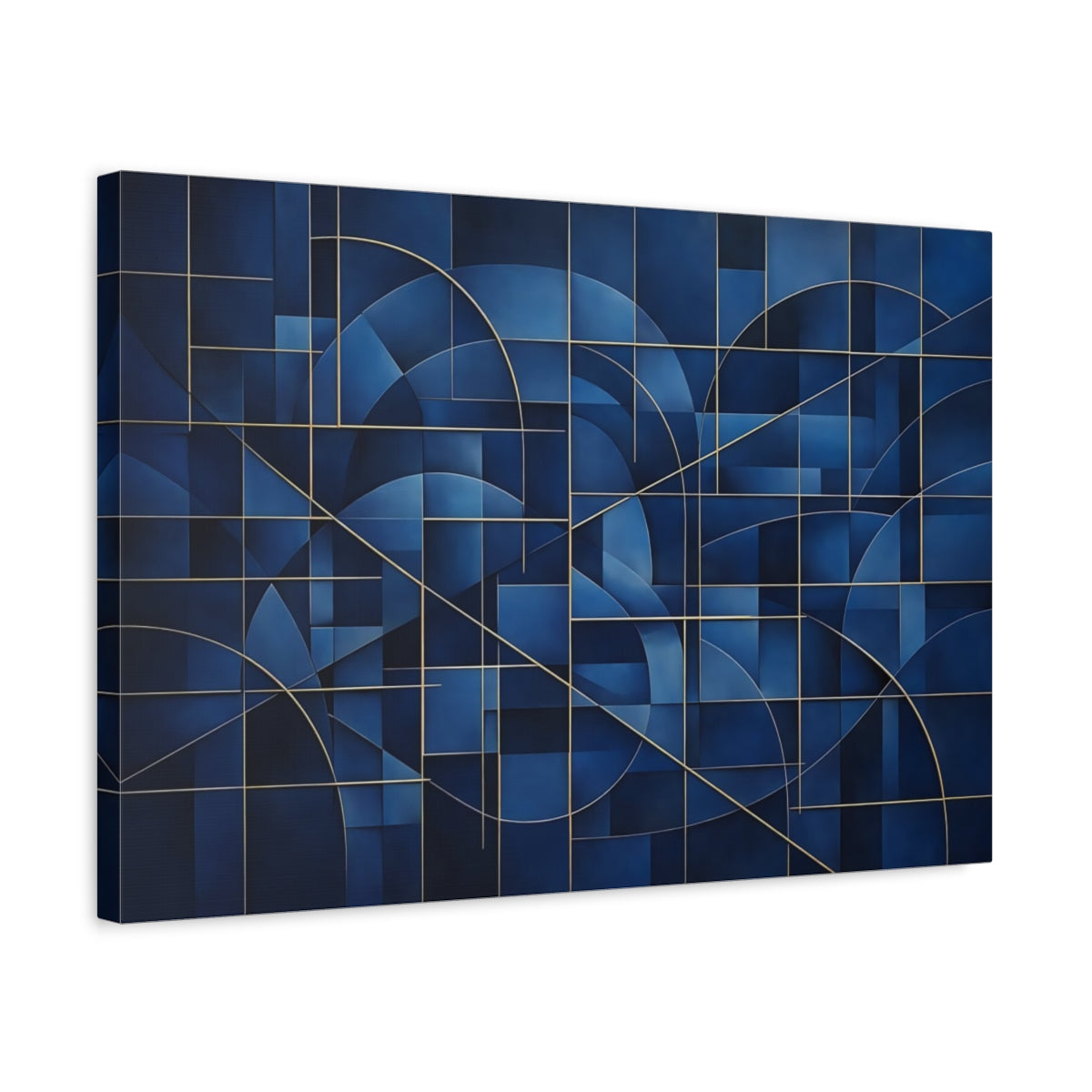 Side Mockup 3. Abstract Geometric Pattern Blue And Gold shown as stretched canvas wall art