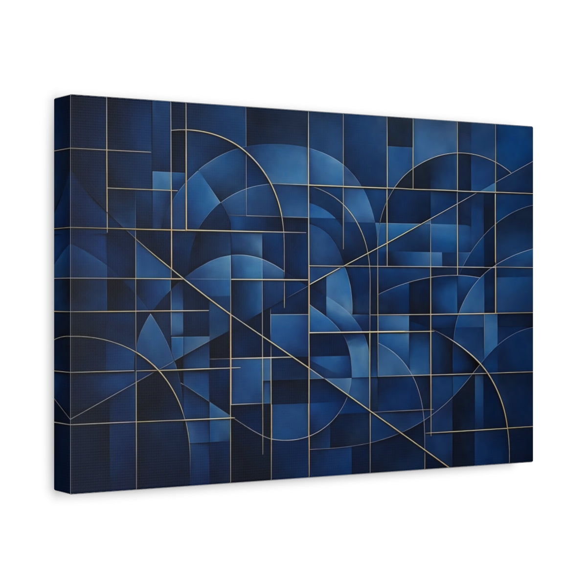 Side Mockup 4. Abstract Geometric Pattern Blue And Gold shown as stretched canvas wall art
