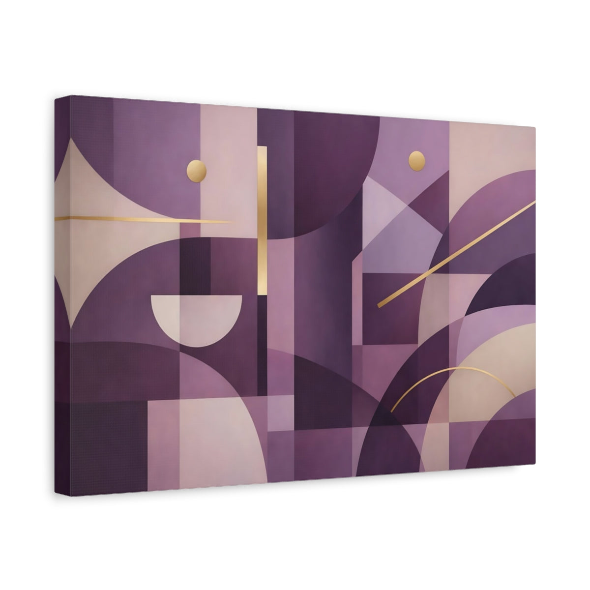Side Mockup 4. Abstract Geometric Abstract Purple And Gold shown as stretched canvas wall art