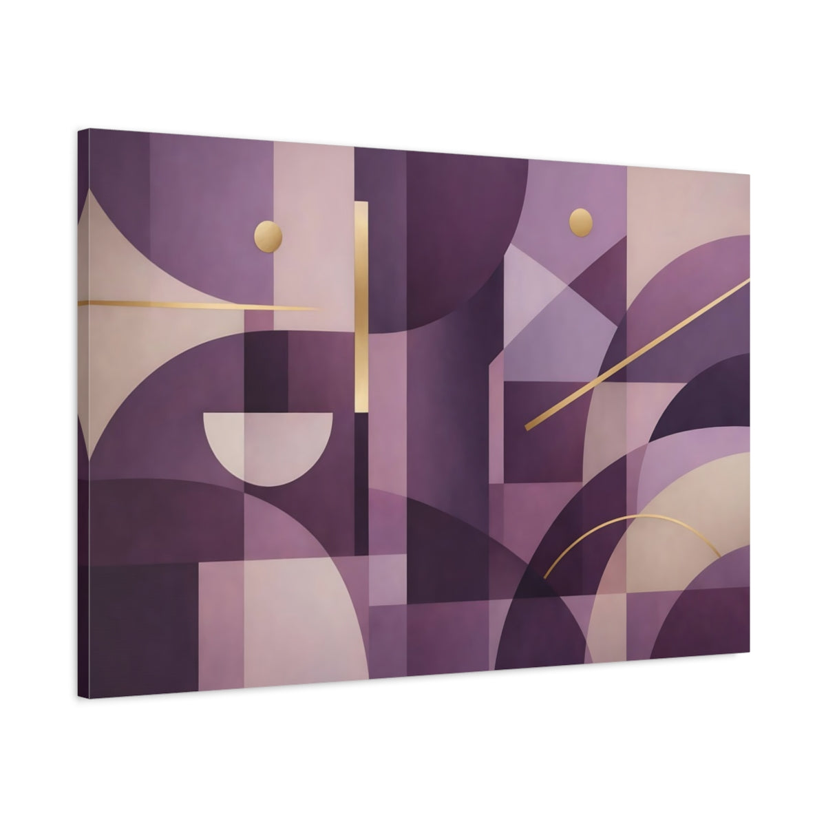 Side Mockup 1. Abstract Geometric Abstract Purple And Gold shown as stretched canvas wall art
