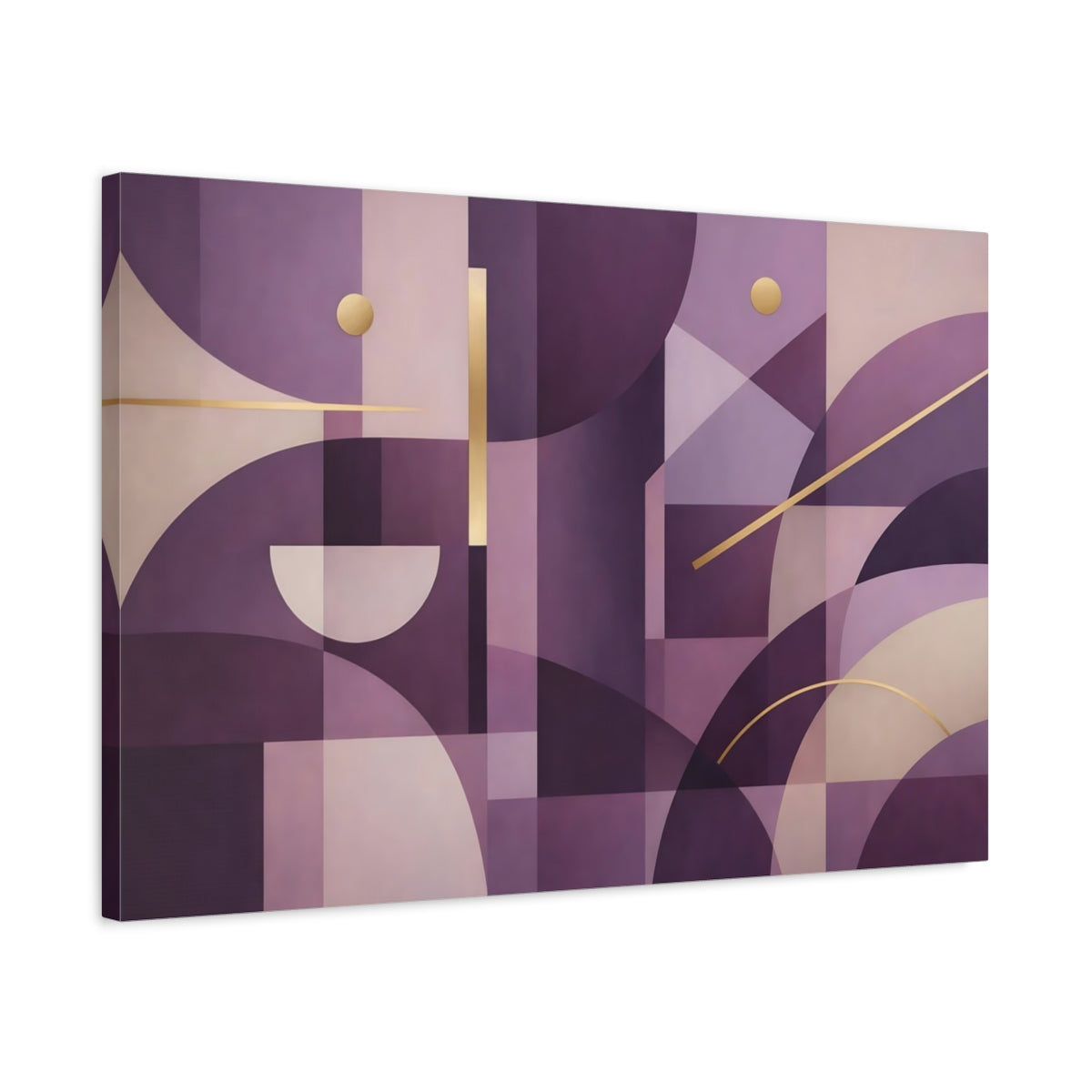 Side Mockup 2. Abstract Geometric Abstract Purple And Gold shown as stretched canvas wall art