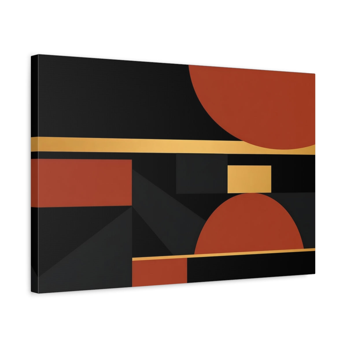 Side Mockup 3. Abstract Geometric Shapes Black Terracotta Gold shown as stretched canvas wall art