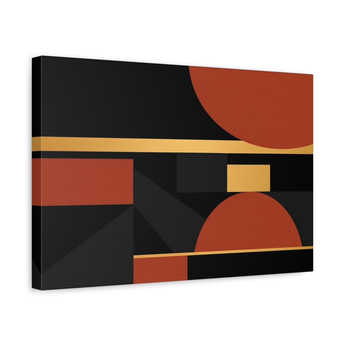 Side Mockup 4. Abstract Geometric Shapes Black Terracotta Gold shown as stretched canvas wall art