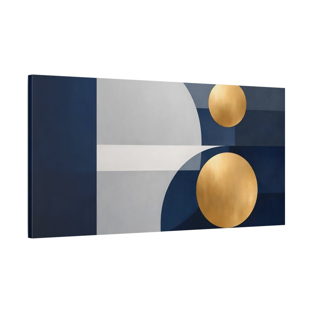 Side Mockup 1. Abstract Geometric Shapes Blue Gold Abstract shown as stretched canvas wall art