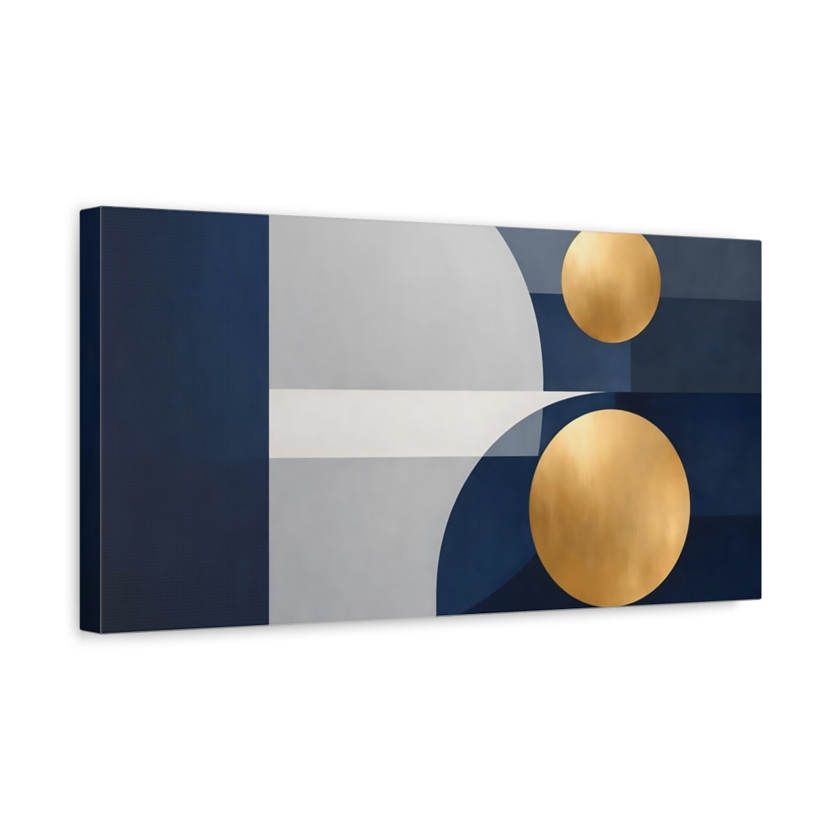Side Mockup 3. Abstract Geometric Shapes Blue Gold Abstract shown as stretched canvas wall art