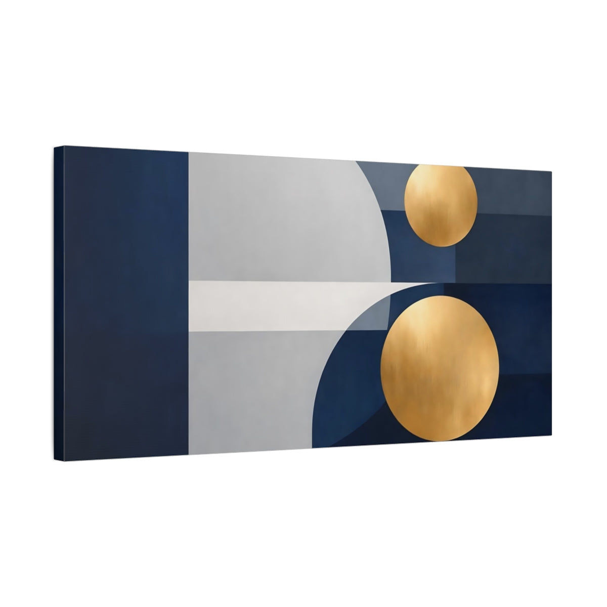 Side Mockup 2. Abstract Geometric Shapes Blue Gold Abstract shown as stretched canvas wall art