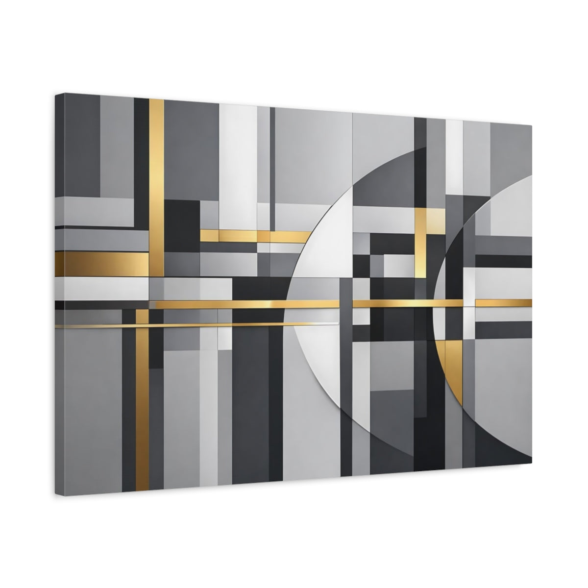 Side Mockup 2. Abstract Geometric Shapes Grey Gold Abstract shown as stretched canvas wall art