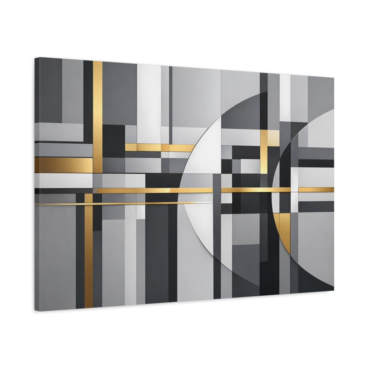 Side Mockup 1. Abstract Geometric Shapes Grey Gold Abstract shown as stretched canvas wall art