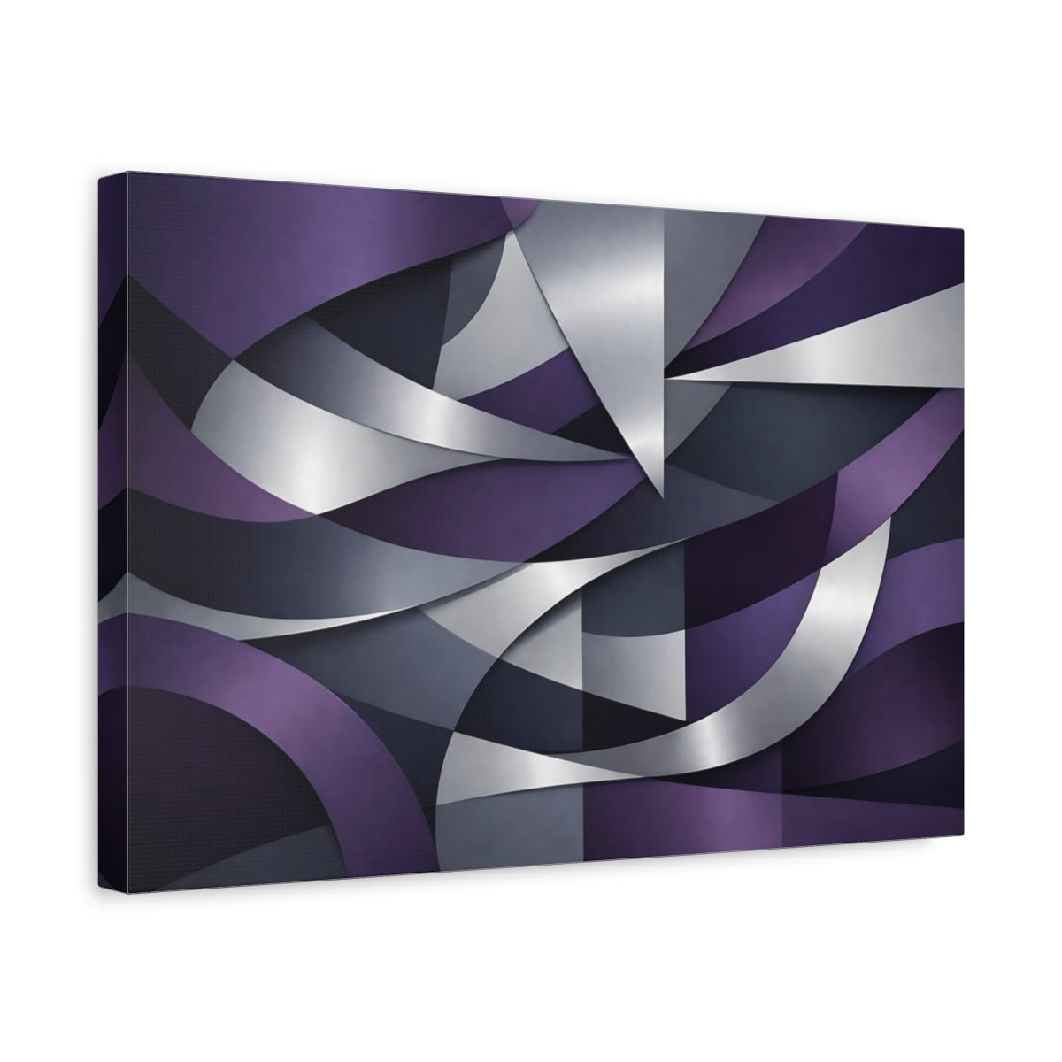 Side Mockup 4. Abstract Abstract Shapes Purple And Silver Abstract shown as stretched canvas wall art