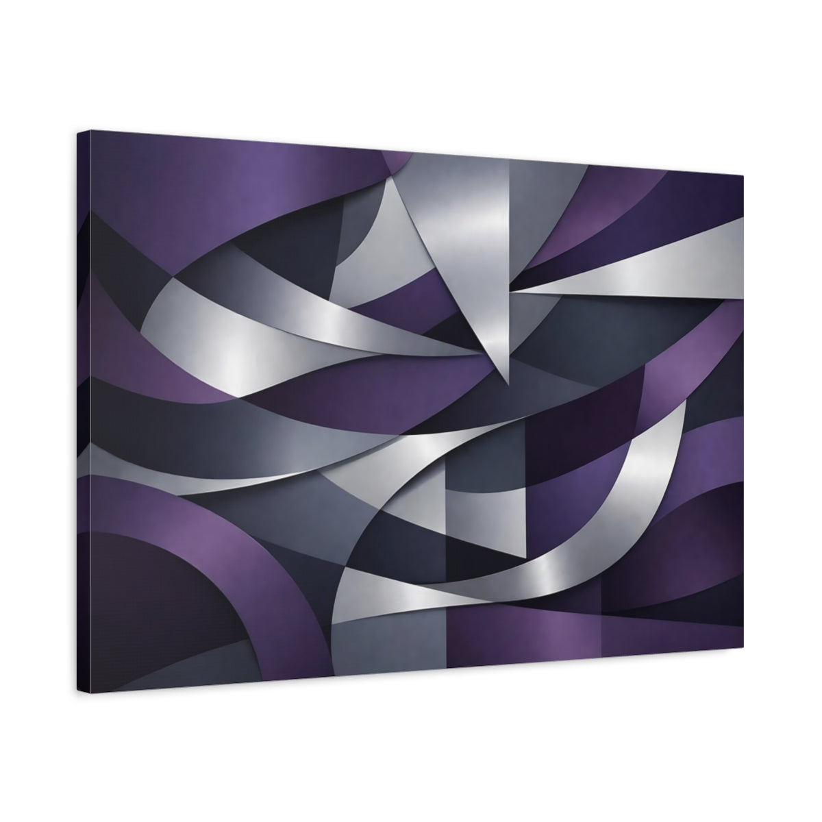 Side Mockup 2. Abstract Abstract Shapes Purple And Silver Abstract shown as stretched canvas wall art