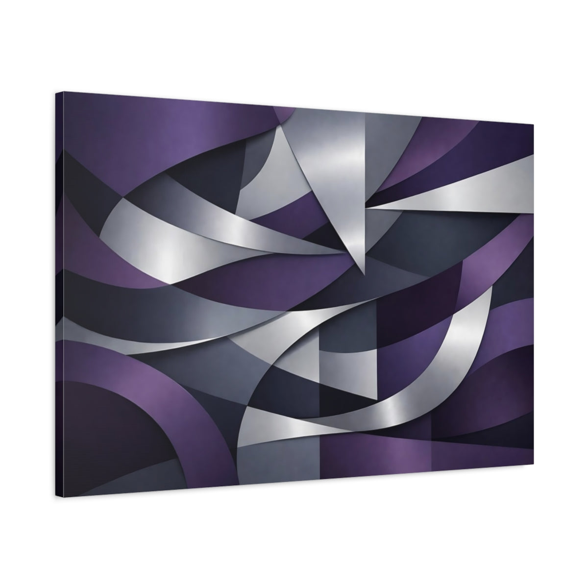 Side Mockup 1. Abstract Abstract Shapes Purple And Silver Abstract shown as stretched canvas wall art