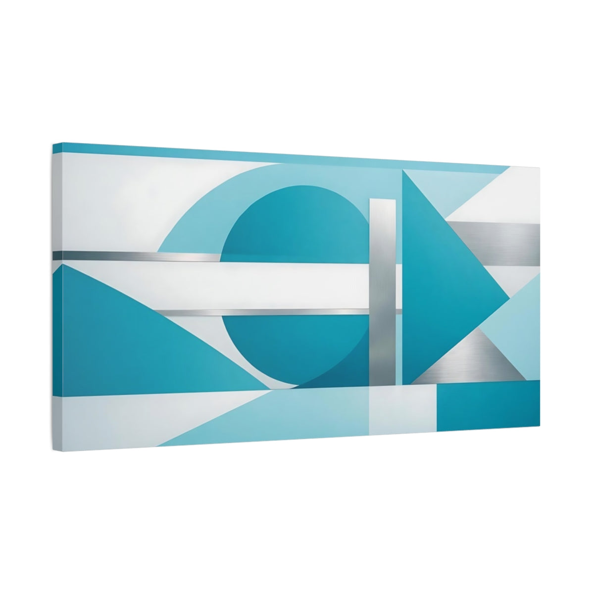 Side Mockup 2. Abstract Geometric Shapes Teal And Silver Geometric shown as stretched canvas wall art