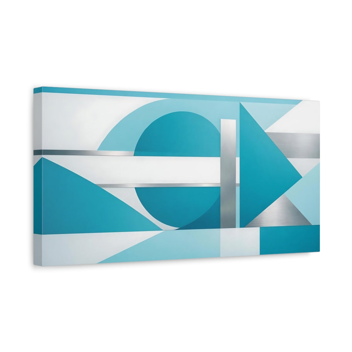 Side Mockup 3. Abstract Geometric Shapes Teal And Silver Geometric shown as stretched canvas wall art