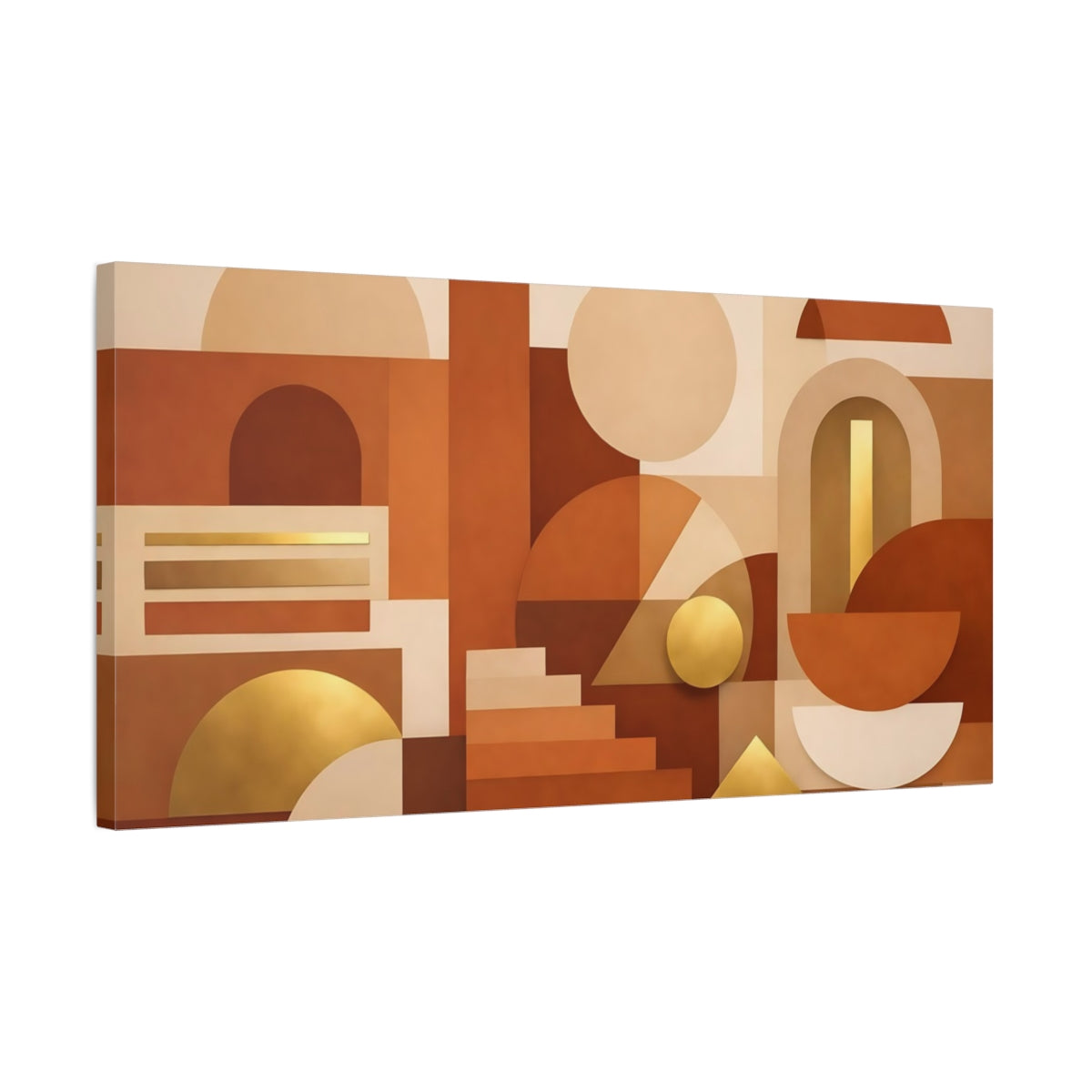 Side Mockup 2. Abstract Geometric Shapes Terracotta Gold shown as stretched canvas wall art