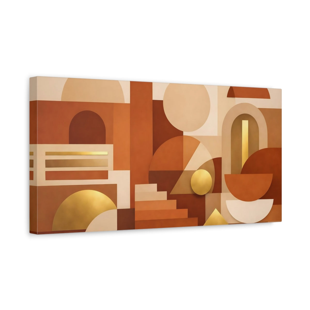 Side Mockup 3. Abstract Geometric Shapes Terracotta Gold shown as stretched canvas wall art