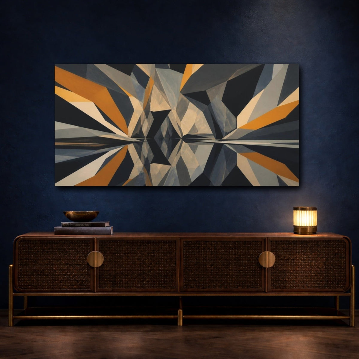 Modern Geometric Cave Reflection Canvas Print – Living Room, Above Couch, Navy, Ochre, Slate - YesArtYes