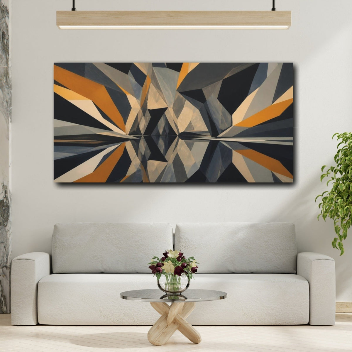 Modern Geometric Cave Reflection Canvas Print – Living Room, Above Couch, Navy, Ochre, Slate - YesArtYes