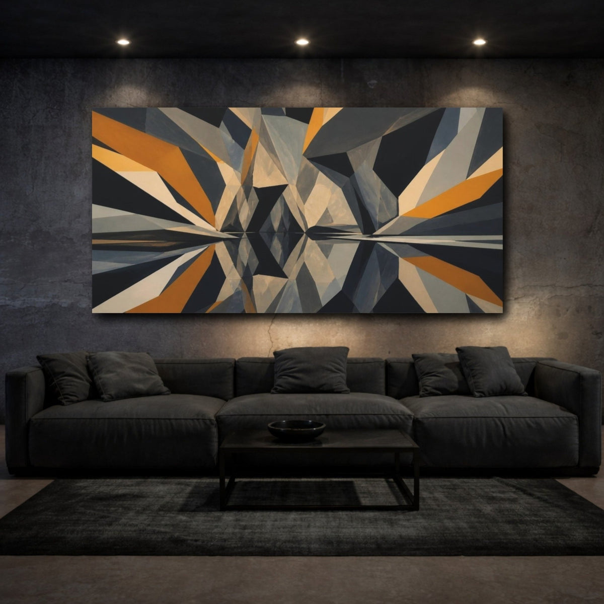 Modern Geometric Cave Reflection Canvas Print – Living Room, Above Couch, Navy, Ochre, Slate - YesArtYes