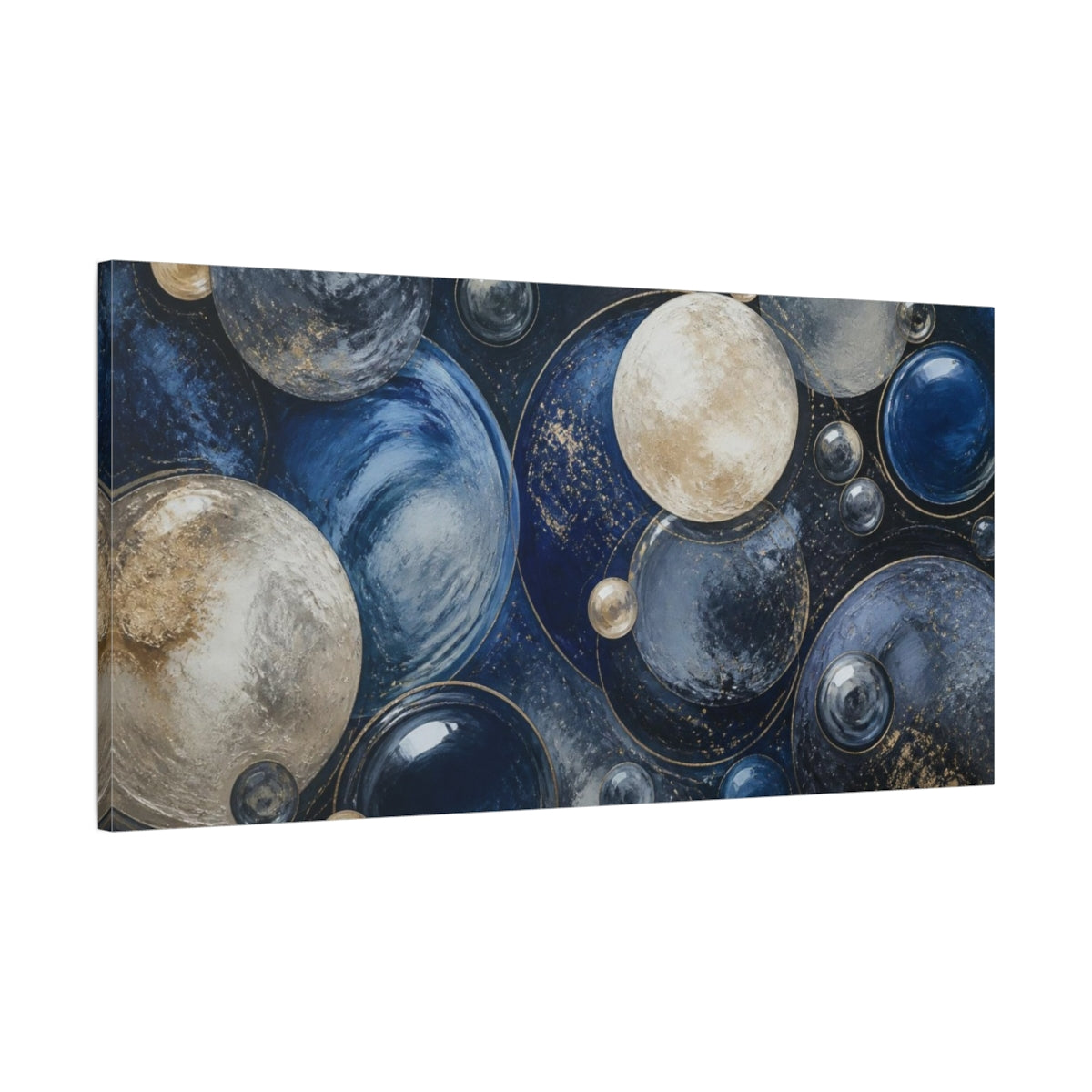 Main Mockup. Modern Gold Blue Spheres shown as canvas print