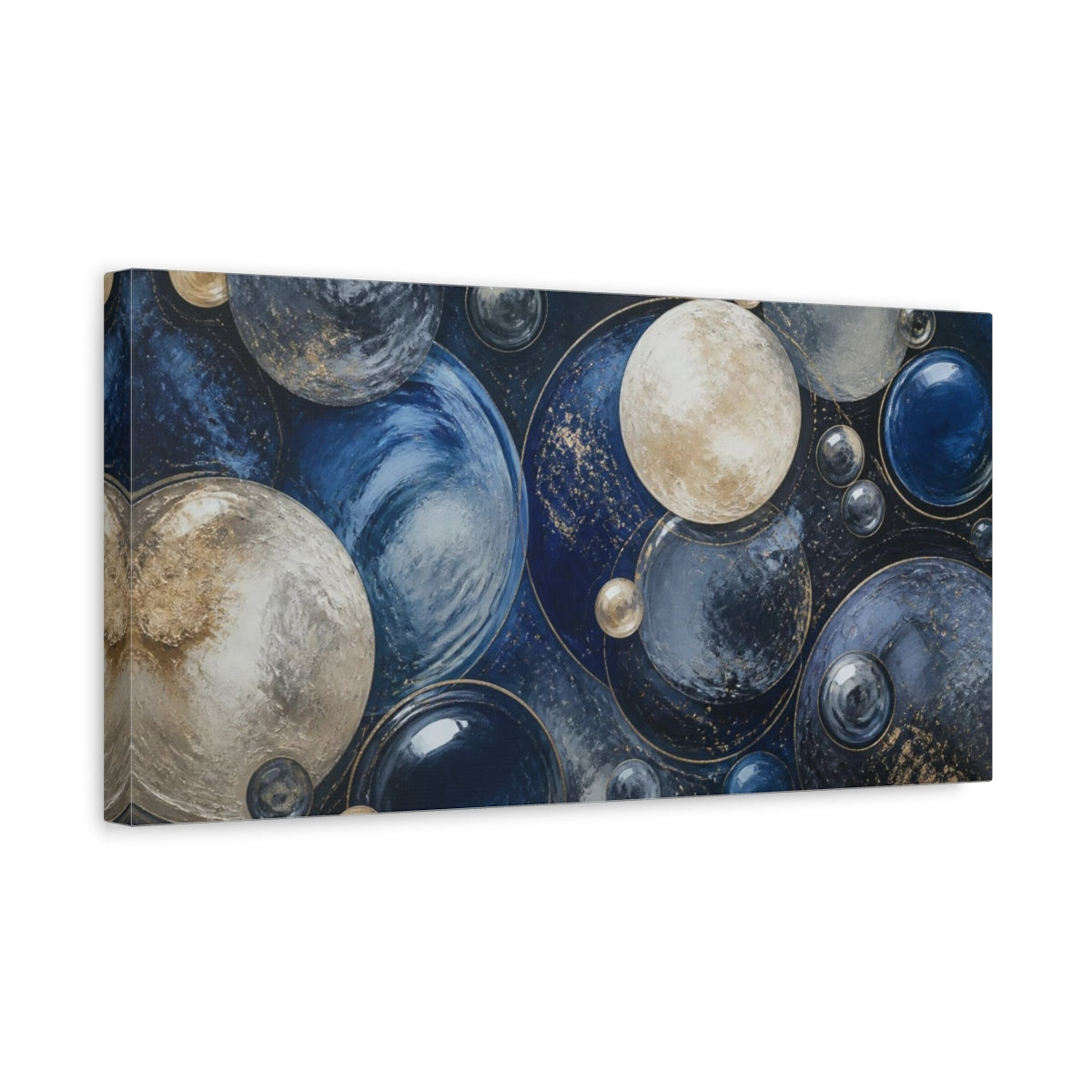 Side Mockup 3. Modern Gold Blue Spheres shown as canvas print