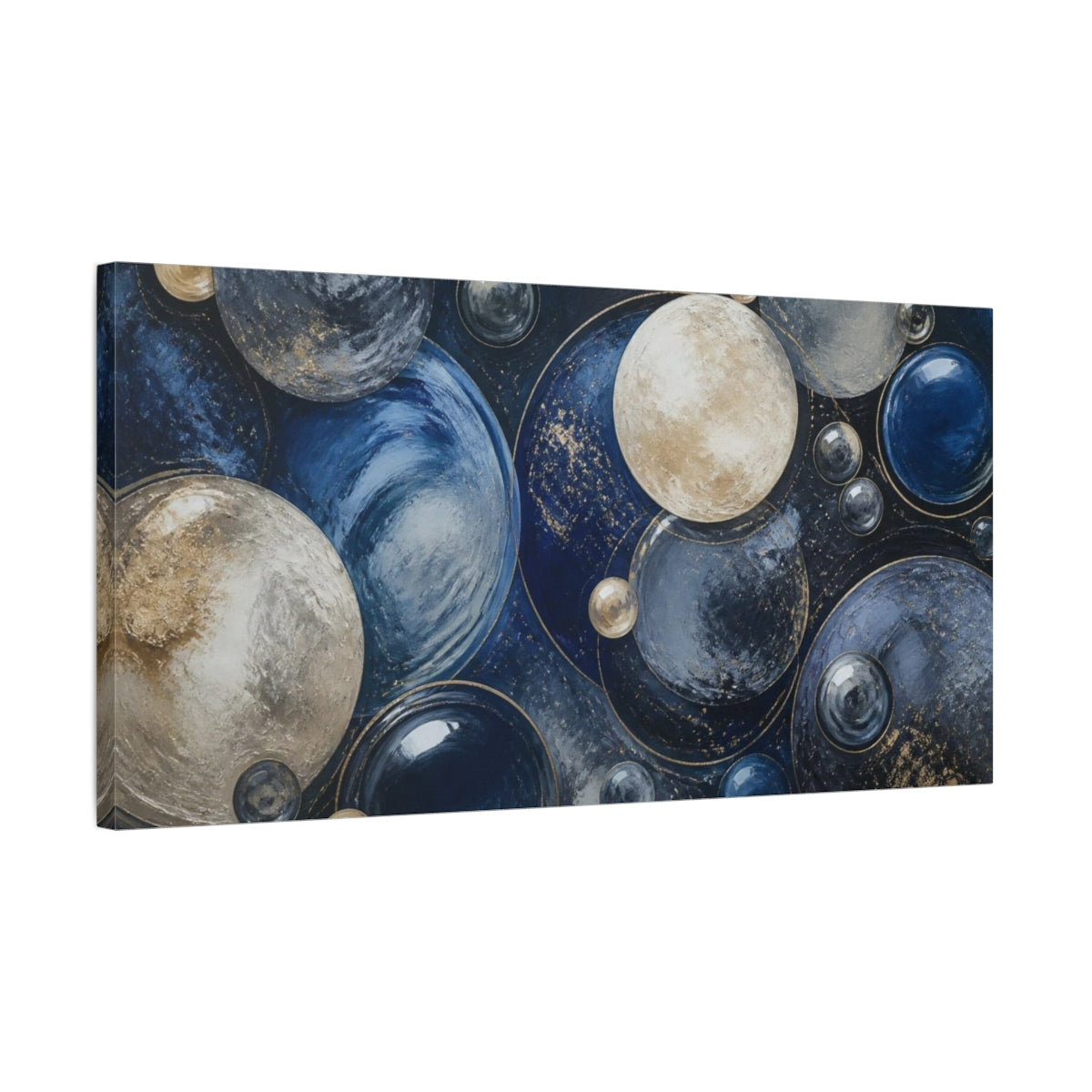 Side Mockup 1. Modern Gold Blue Spheres shown as canvas print