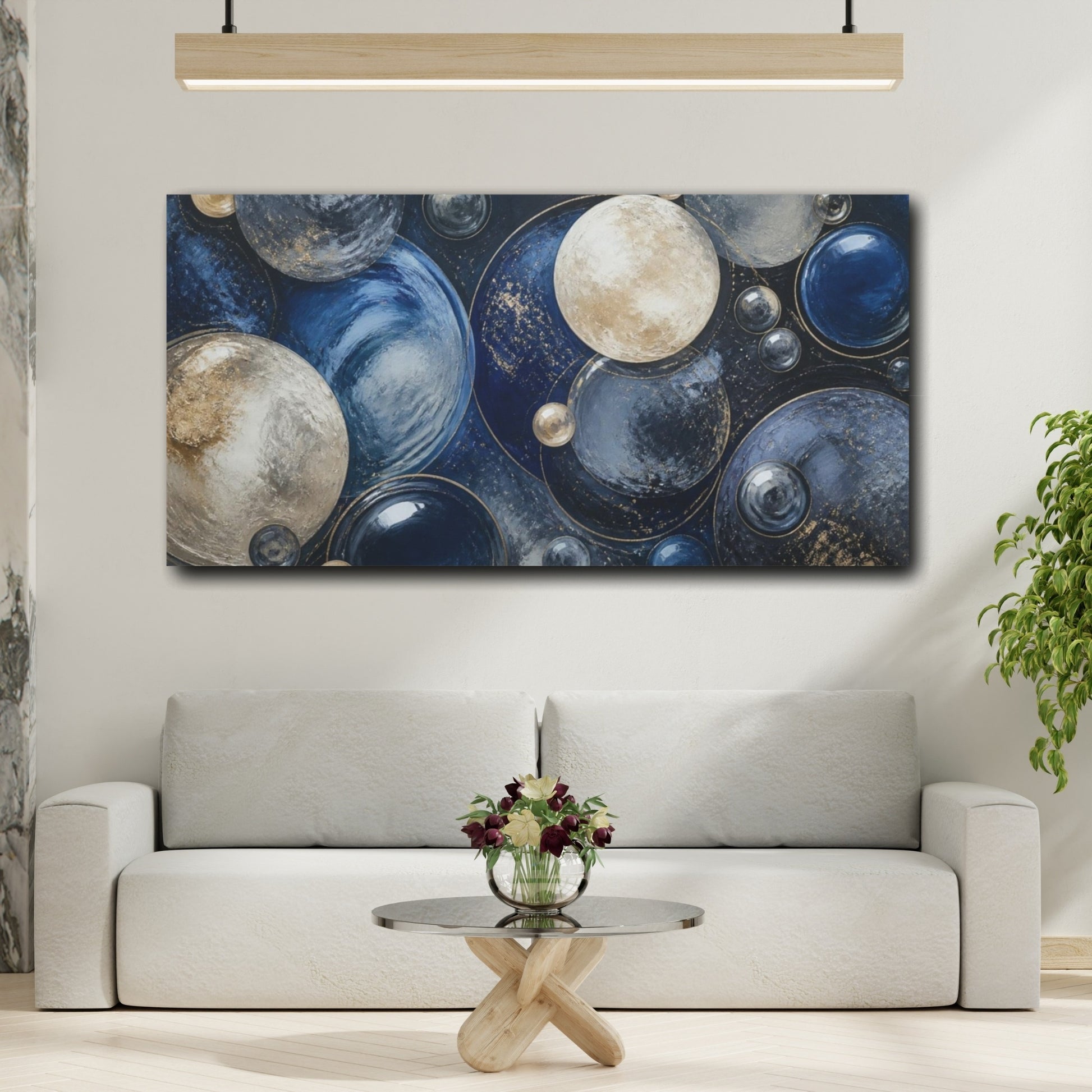 Mockup 2. Modern Gold Blue Spheres shown as canvas print