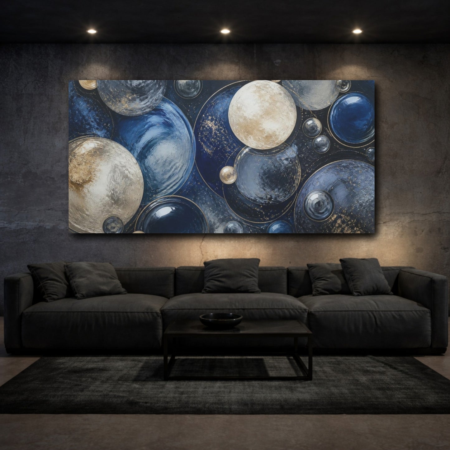 Mockup 3. Modern Gold Blue Spheres shown as canvas print
