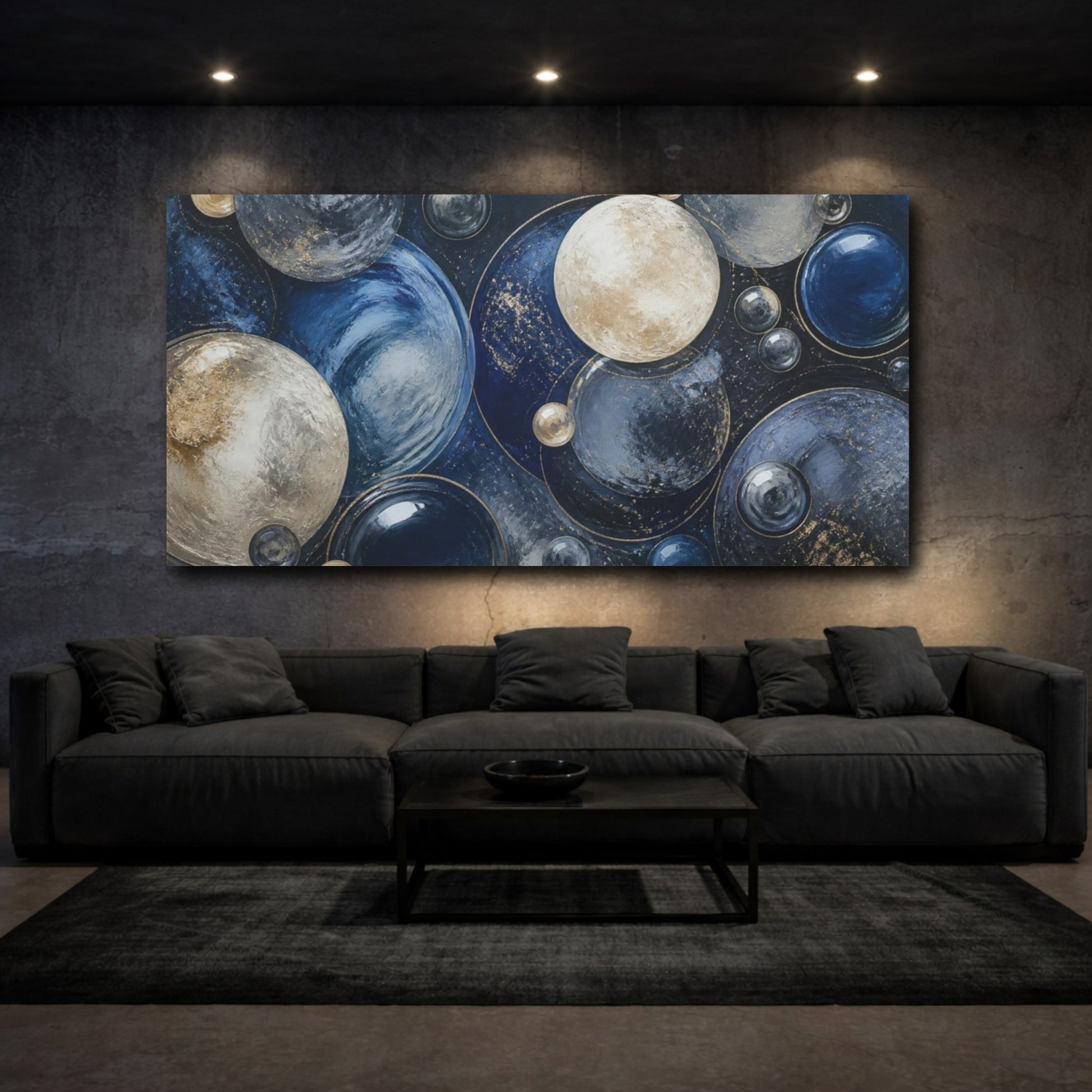 Mockup 3. Modern Gold Blue Spheres shown as canvas print