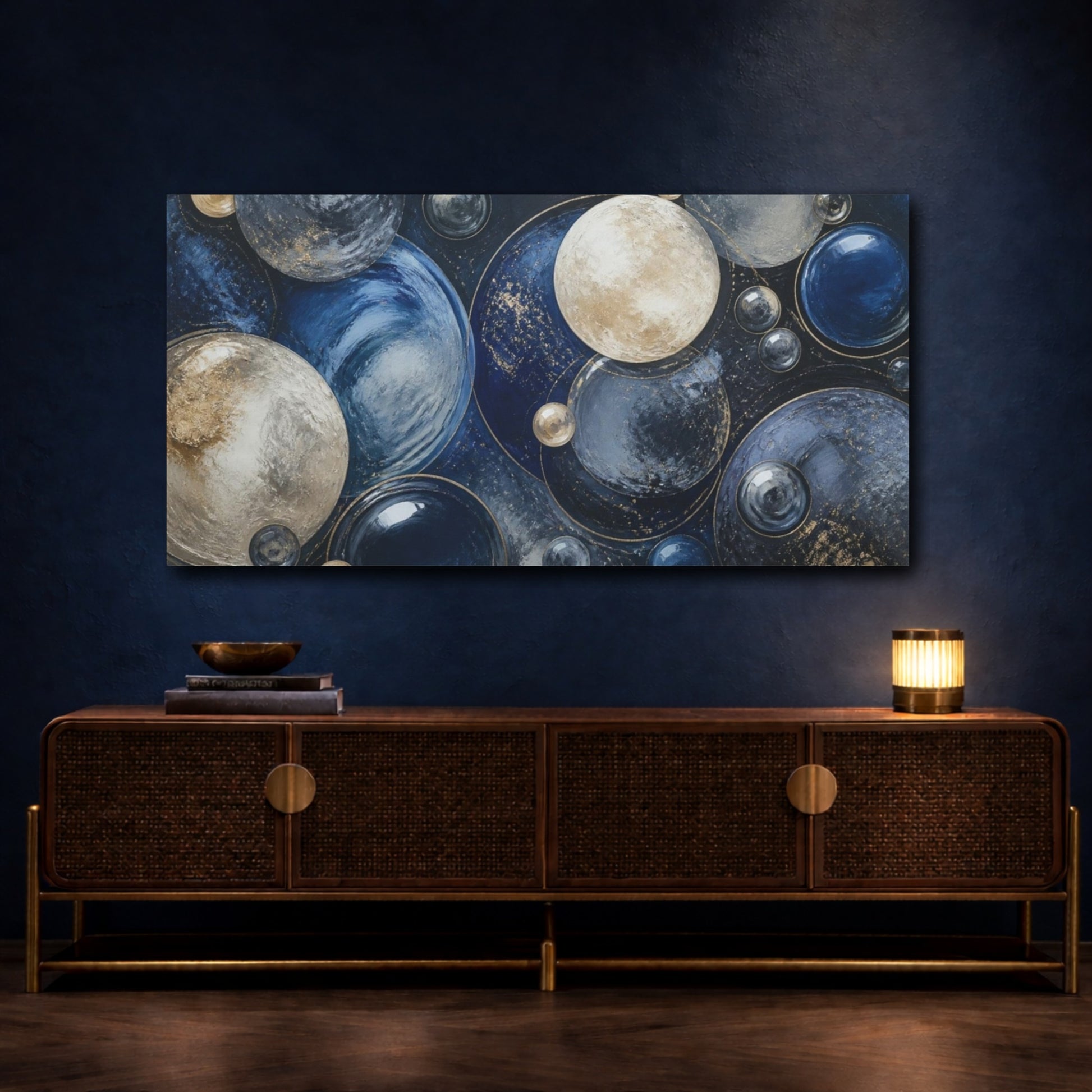 Mockup 4. Modern Gold Blue Spheres shown as canvas print